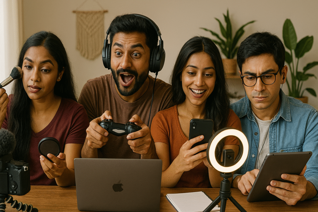 Four Indian best lifestyle content creators in Chennai multitasking in a cozy living room—filming, applying makeup, gaming, and using digital devices in a creative workspace.