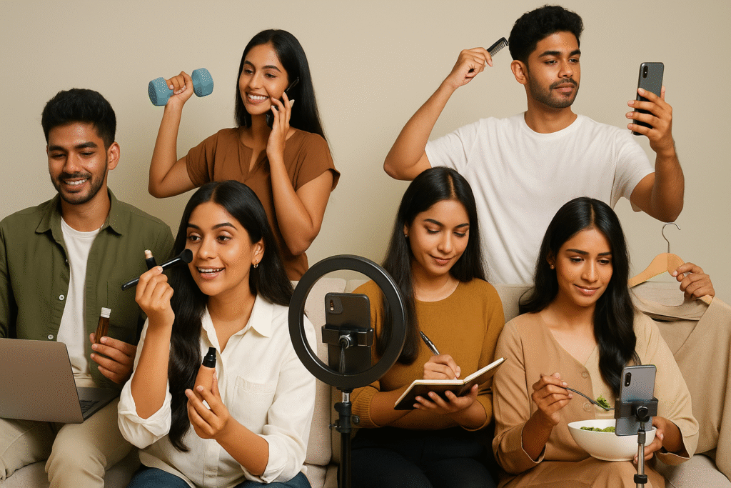 A group of the best lifestyle content creators in Chennai multitasking with phones, makeup, fitness gear, and notebooks in a modern indoor setup.