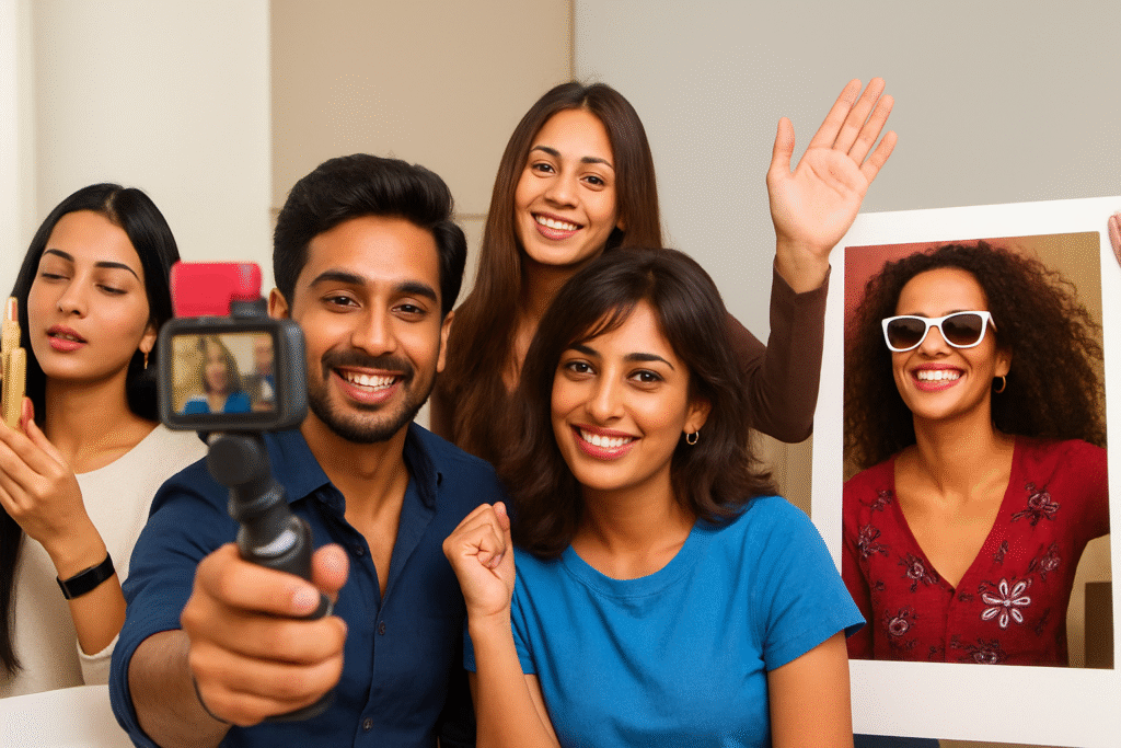 Group of best lifestyle content creators in Chennai smiling and posing for a picture together during a content shoot
