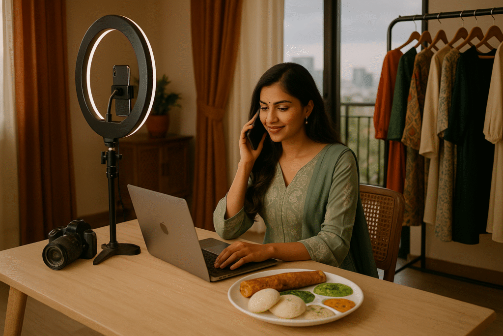 A Chennai-based lifestyle content creators multitasking with a phone call, laptop, DSLR, and South Indian food on a table in a cozy, sunlit room.
