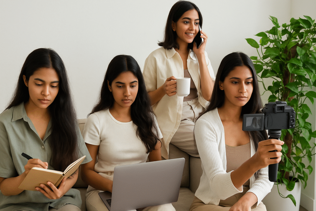 Four South Asian women - among the best lifestyle content creators in Chennai - multitasking in a cozy, naturally lit space while filming, journaling, editing on a laptop, and talking on the phone.