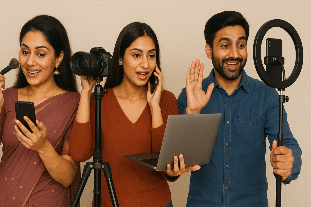 Three Indian influencers multitasking with camera gear, laptop, phone, and ring light - a glimpse into the daily routine of the best lifestyle content creators in Chennai.